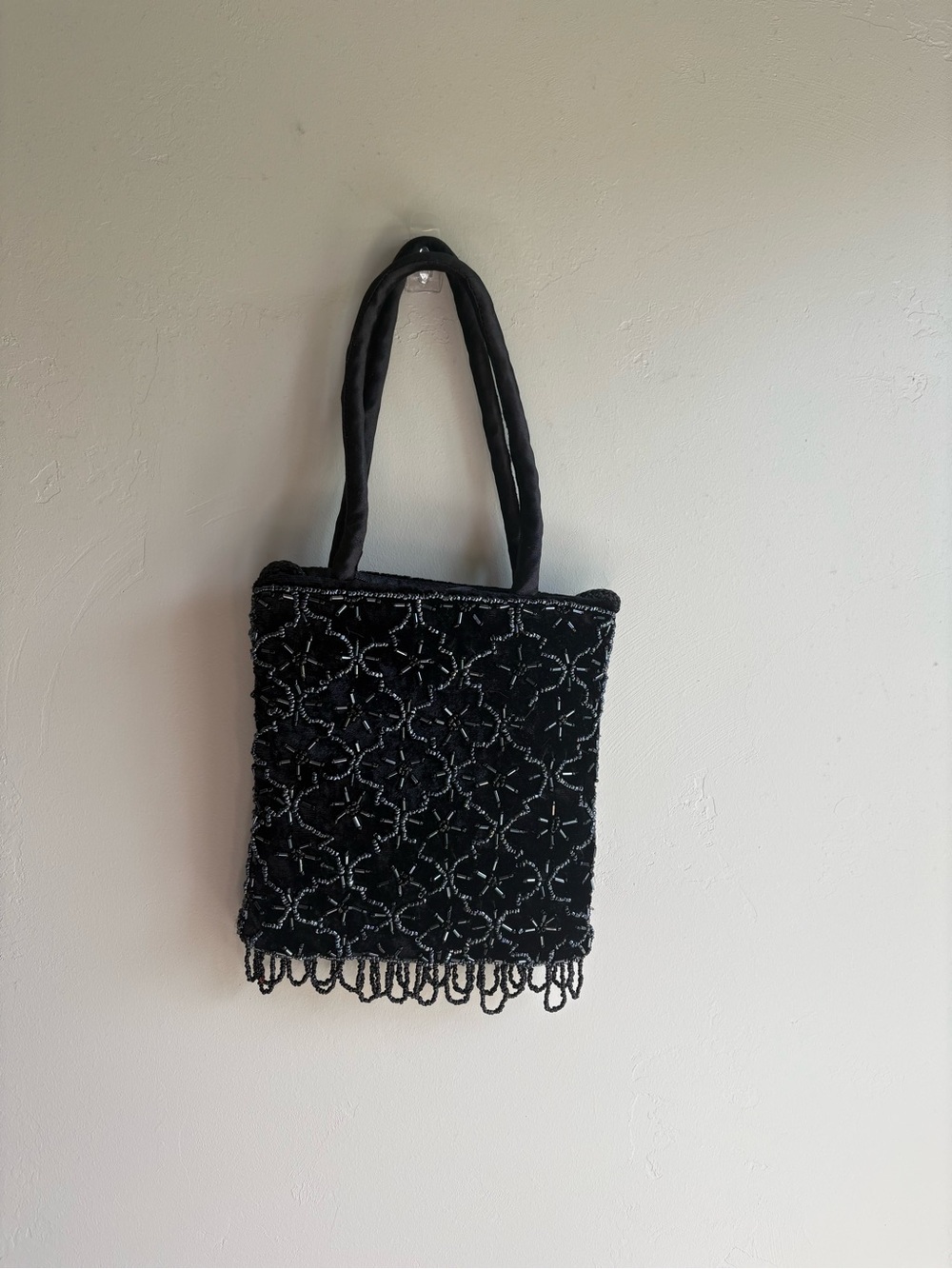 Black Beaded Floral Pattern Tote Bag